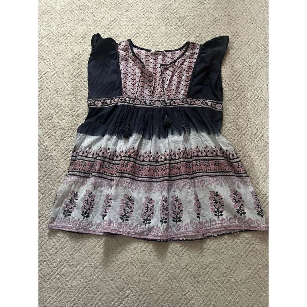 Ulla Johnson Flutter Sleeve Babydoll Top in Navy/Pink